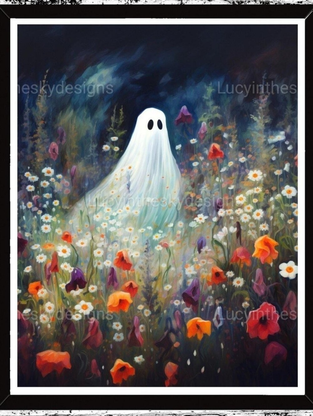 Ghost In Wildflower Field Whimsical Spooky Halloween Nature Wall Decor#Hallowee